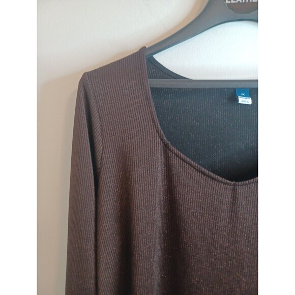 Old Navy V Neck Pullover Knit Top 3X Brown Glitter Ribbed Longsleeve Casual Boho - Picture 5 of 8